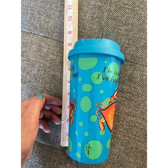 CAPE SHORE new travel mug plastic printed front Crabby patty coffee 8" tall blue - Picture 3 of 9